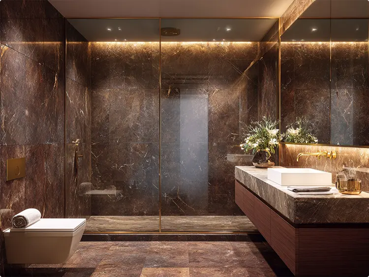 Gold Strip in a Dark Brown Marble Shower