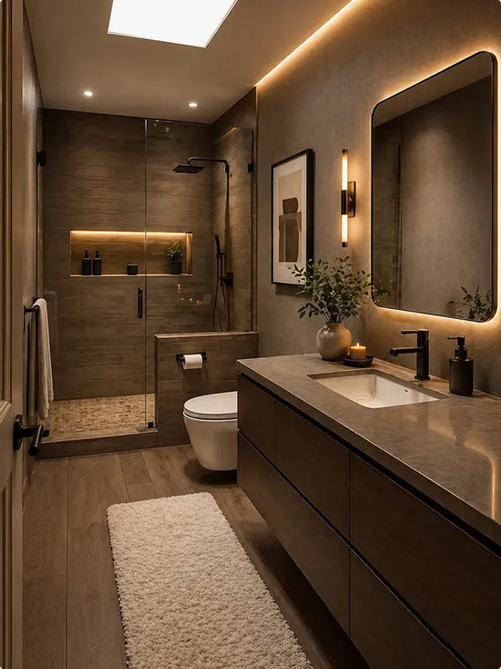 Matte Black Fixtures and Brown Tile Shower