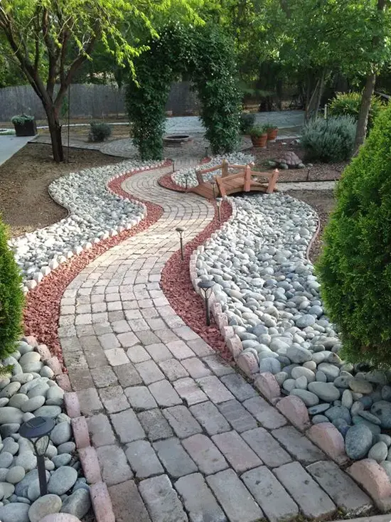 Pale Pink Brick Walkway with Stone Borders
