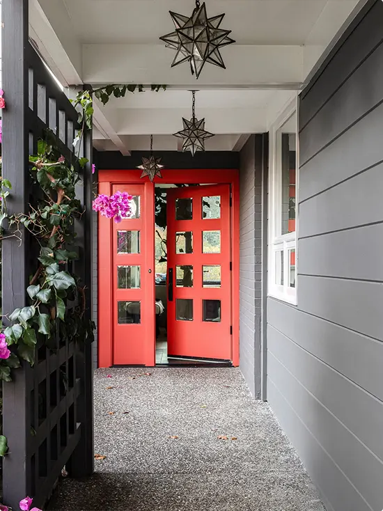 Red Double Doors with Glass Panes