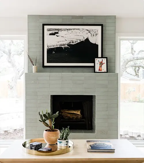 Sage Green Brick Fireplace