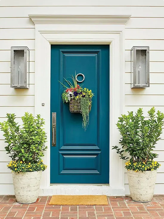 Teal Front Door with Flower Basket