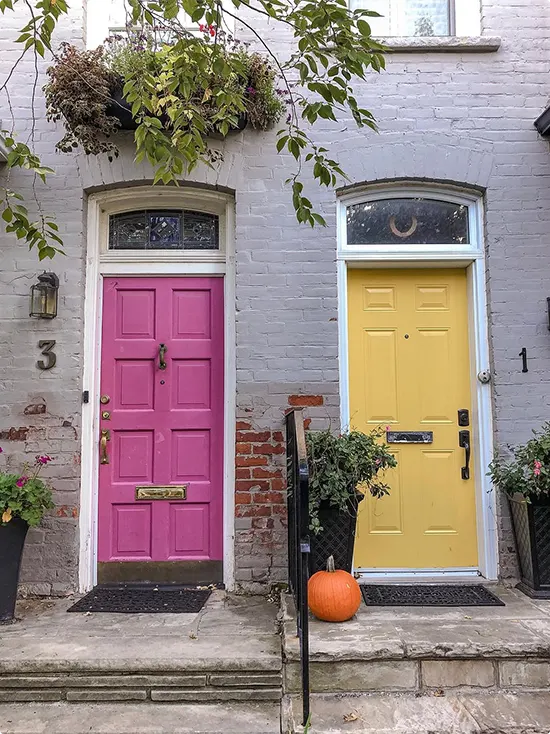 Two Townhouse Doors in Hot Pink and Golden Yellow