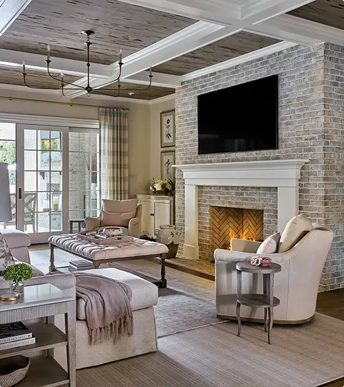 White Mantel on Whitewashed Brick Fireplace