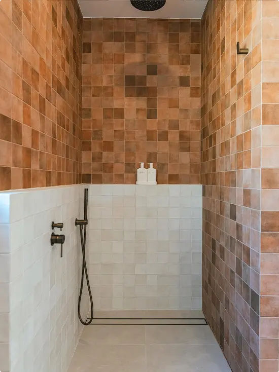 Zellige Shower in White and Terracotta