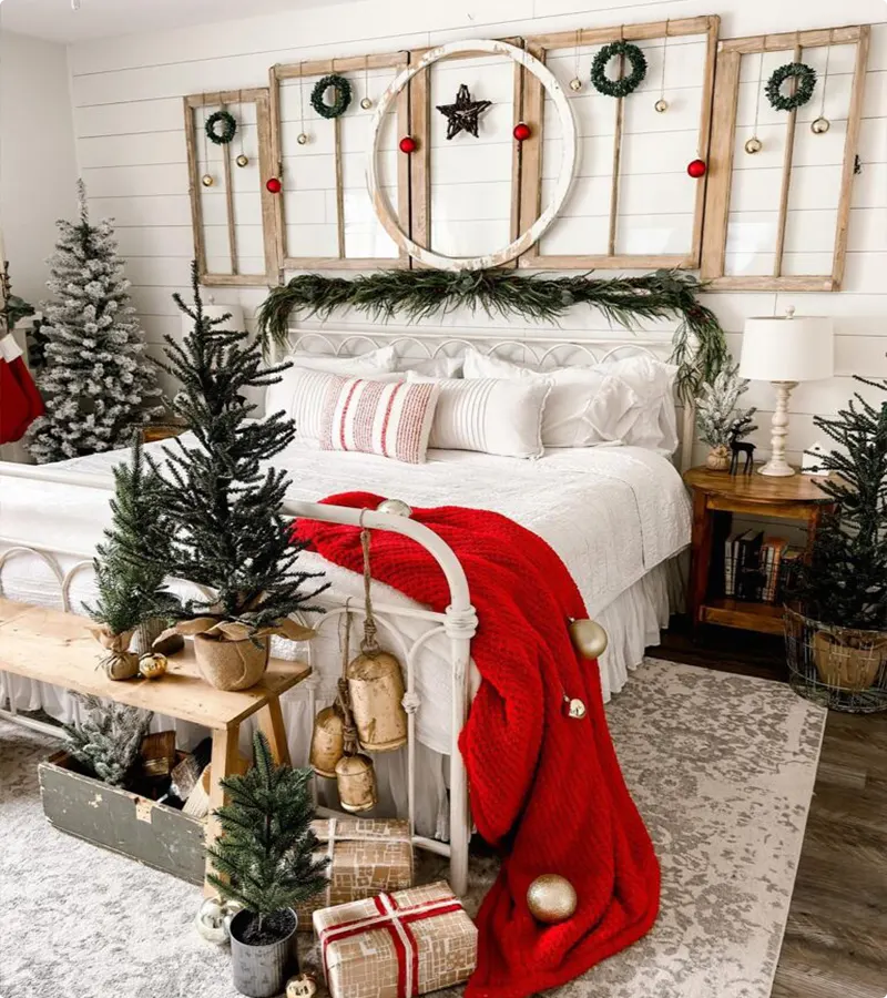 Christmas bedroom with a modern farmhouse style and repurposed window frames
