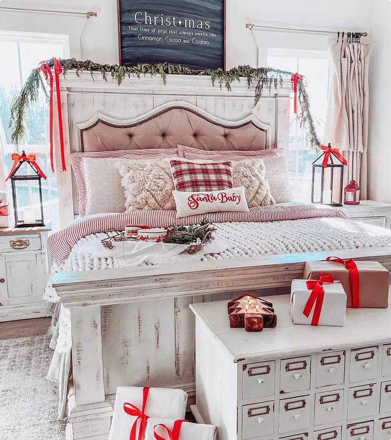 Cozy Christmas Bedroom with Red Ribbon Garland