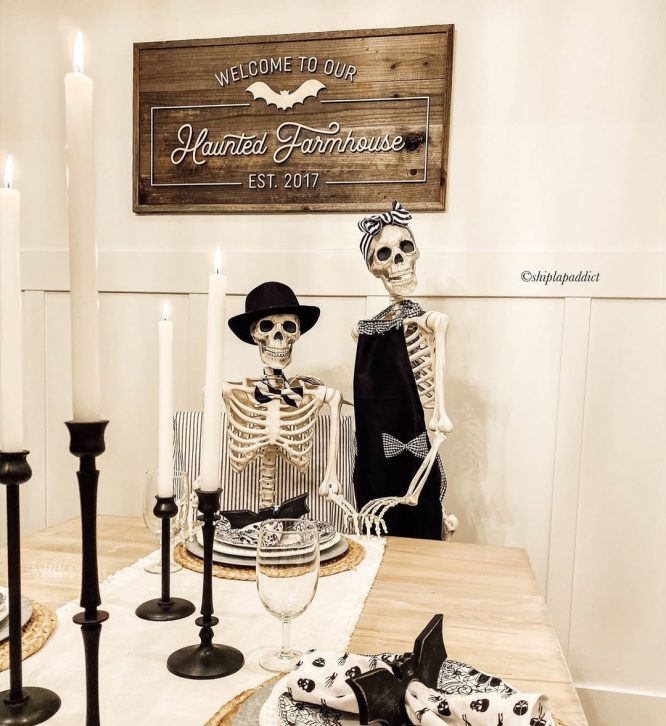 Farmhouse Table Head with a Skeleton Couple in a Haunted Farmhouse