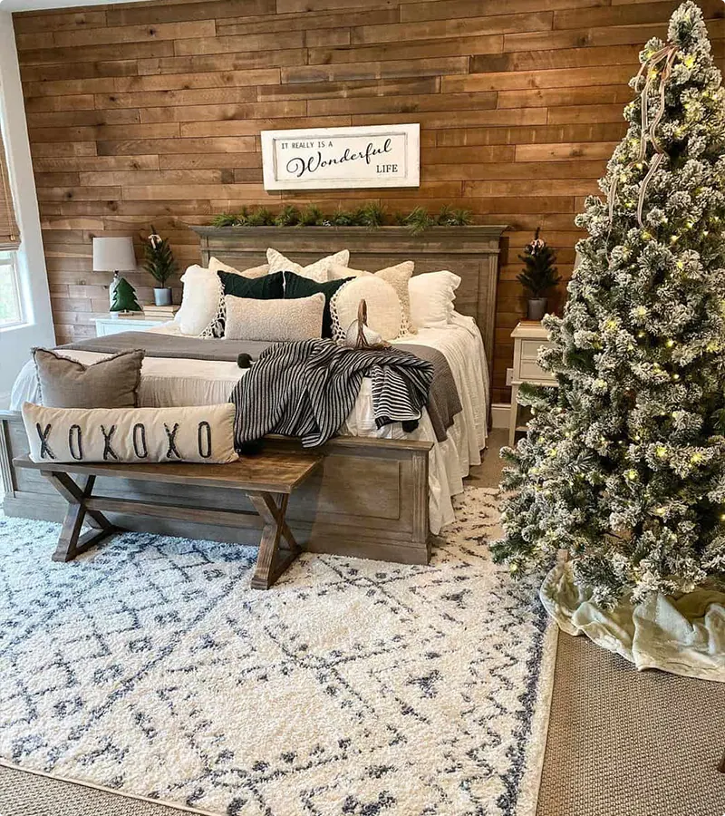 Rustic Woodland Christmas Bedroom with Warm Lighting
