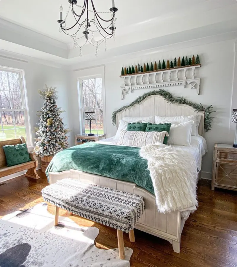 Serene Woodland Christmas Bedroom in Deep Greens
