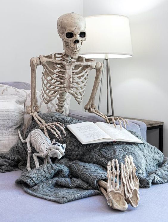 Skeleton and Cat on the Bed