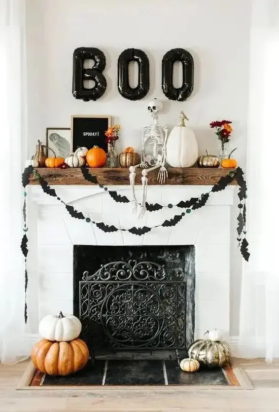 Skeleton Beneath a BOO Banner