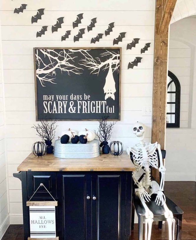 Skeleton Beside a Scary Sign