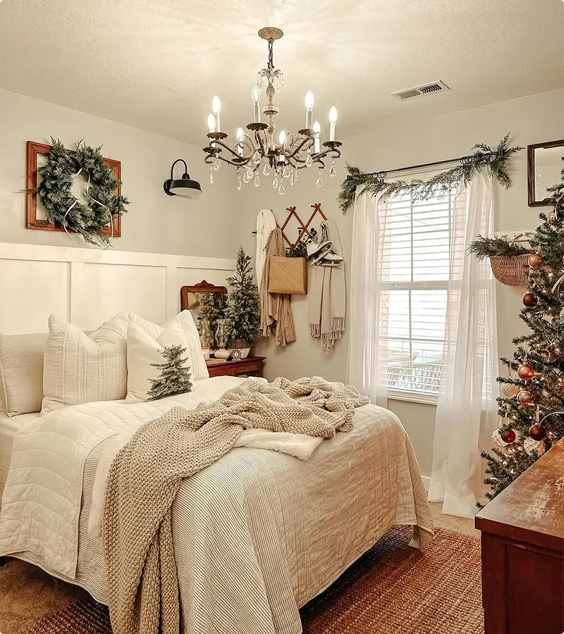 Subtle greenery in a Nordic Christmas bedroom