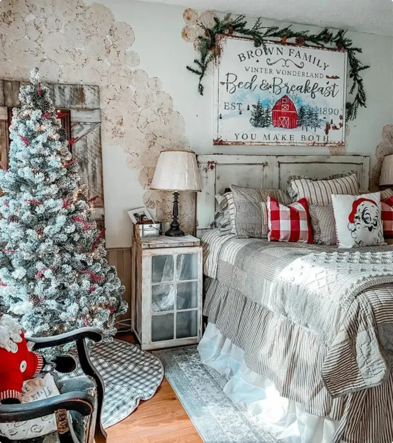 Vintage Cabin Christmas Bedroom with Warm Patchwork