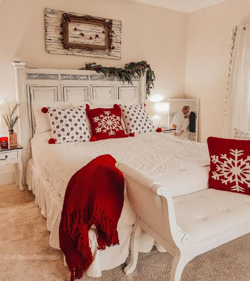 White and Red Christmas Bedroom with Snowflake Comfort