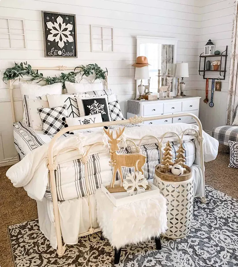 Winter White Woodland Christmas Bedroom with Buffalo Check