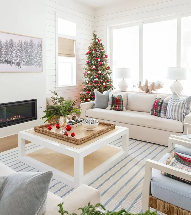 Blue Plaid Coastal Christmas Decor with Red Accents