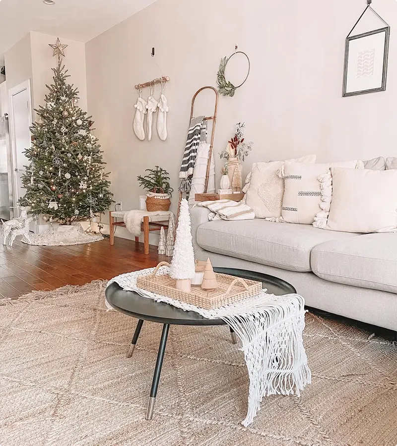 Boho Neutral Christmas Living Room with Macrame and Wood