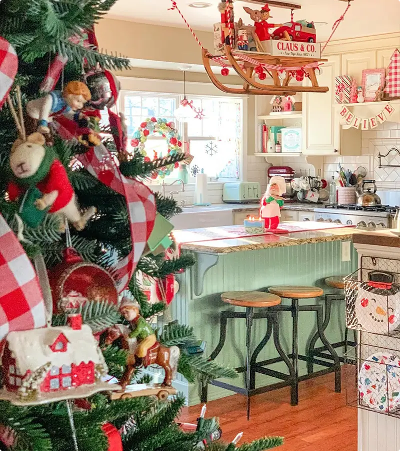 Ceiling-Hung Santa Sleigh Above the Kitchen Island