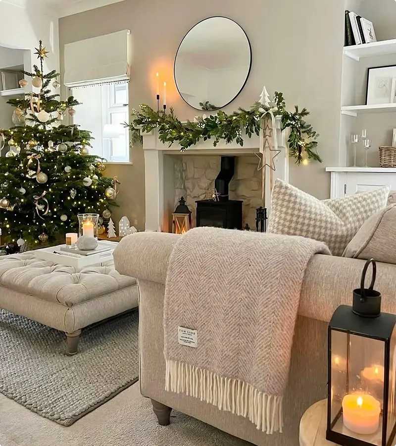 Christmas Mantel in Ivory and Neutrals with Simple Greenery