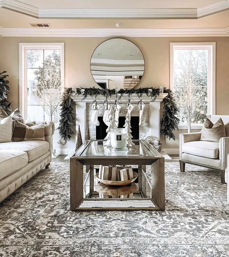 Classic Drape Christmas Mantel with Round Mirror