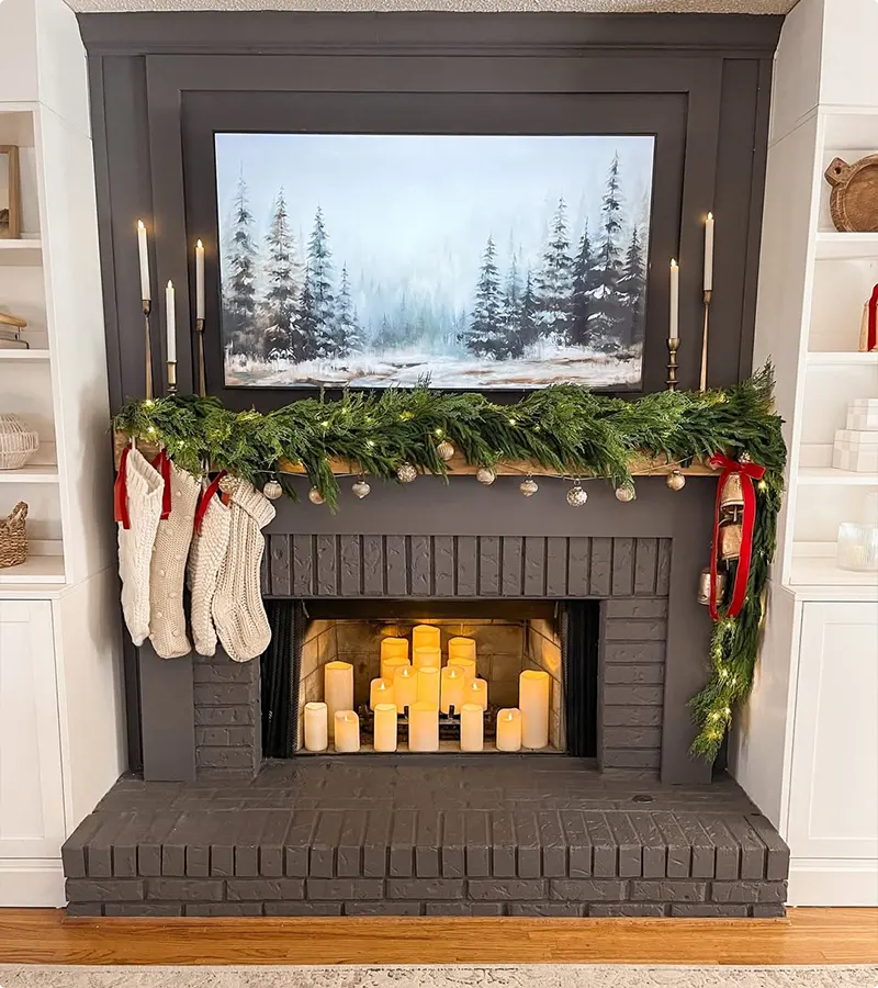 Deep Charcoal Christmas Mantel with Fireside Glow and Faux Snowfall
