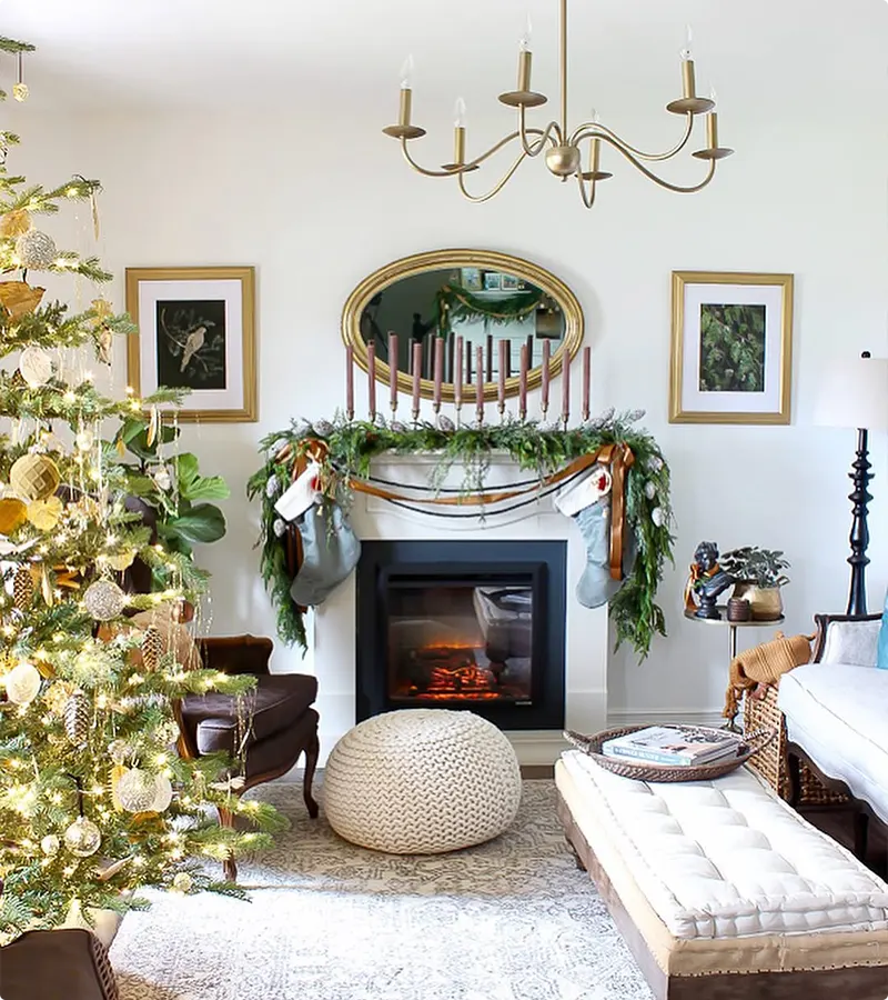 Forest Greenery Gold Accents and Leather in a Christmas Living Room