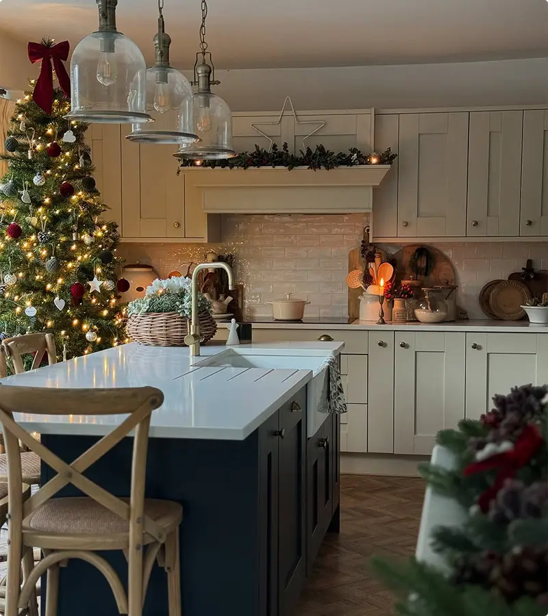 Full-Size Decorated Christmas Tree in the Kitchen