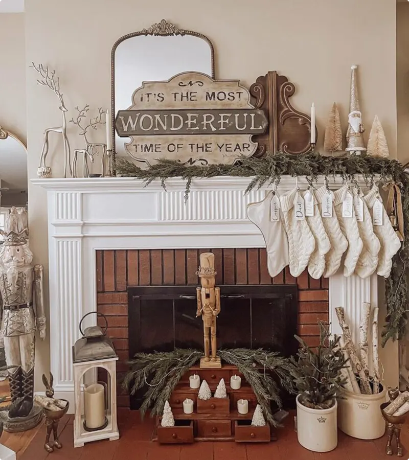 Layered Mantel Decor with Stockings