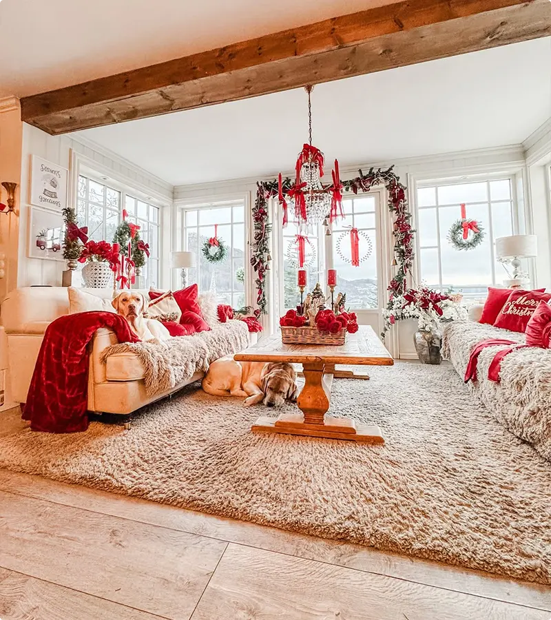 Monochromatic Red and Fluffy Neutral Festive Living Room
