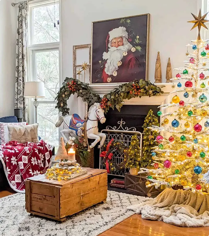Old Fashioned Maximalist Santa Portrait Christmas Mantle Decor