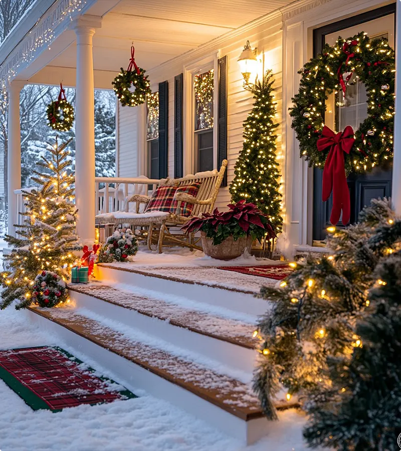 Plaid Evergreen Snowy Porch