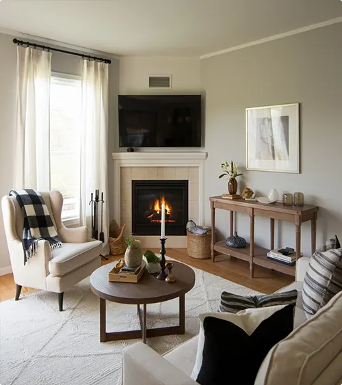 Corner Fireplace with Simple White Mantel and Wood Console
