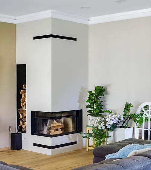 Corner Fireplace with Two Glass Sides and Wood Storage
