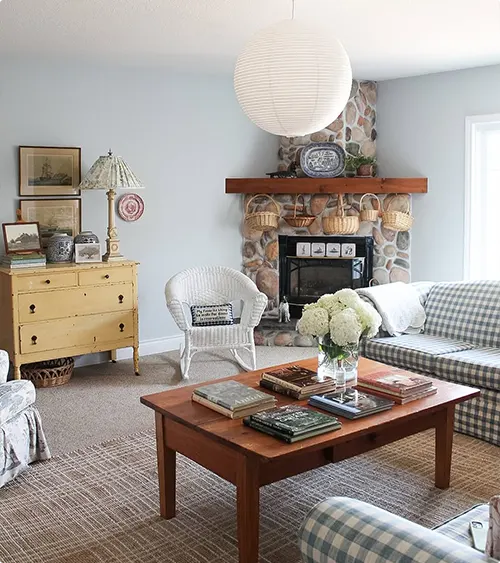 Cottage Stone Fireplace with Oversized Paper Lantern