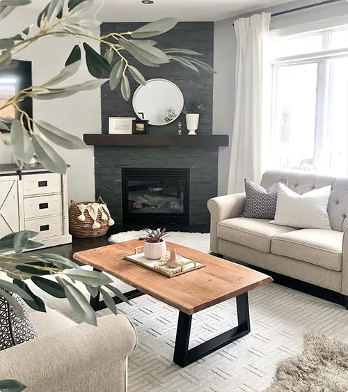 Dark Tile Fireplace with Oversized Botanical Wallpaper