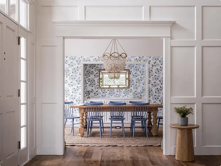 Blue Floral Wallpaper with Periwinkle Windsor Chairs