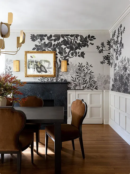 Botanical Mural by a Marble Fireplace