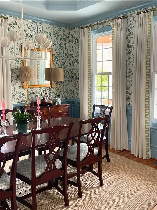 Botanical Wallpaper with Blue Ceiling and Greek Key Trim