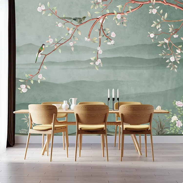 Chinoiserie Mural with Misty Mountains in a Dining Room