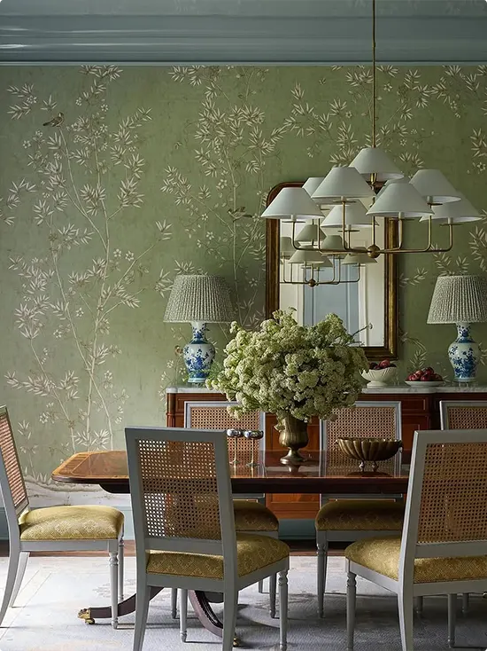 Chinoiserie Sage Green Wallpaper and Cane-Back Chairs