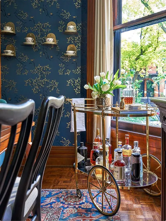 Chinoiserie Wallpaper and Brass Bar Cart