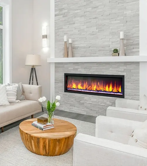 Colorful Flames in a Light Stone Fireplace