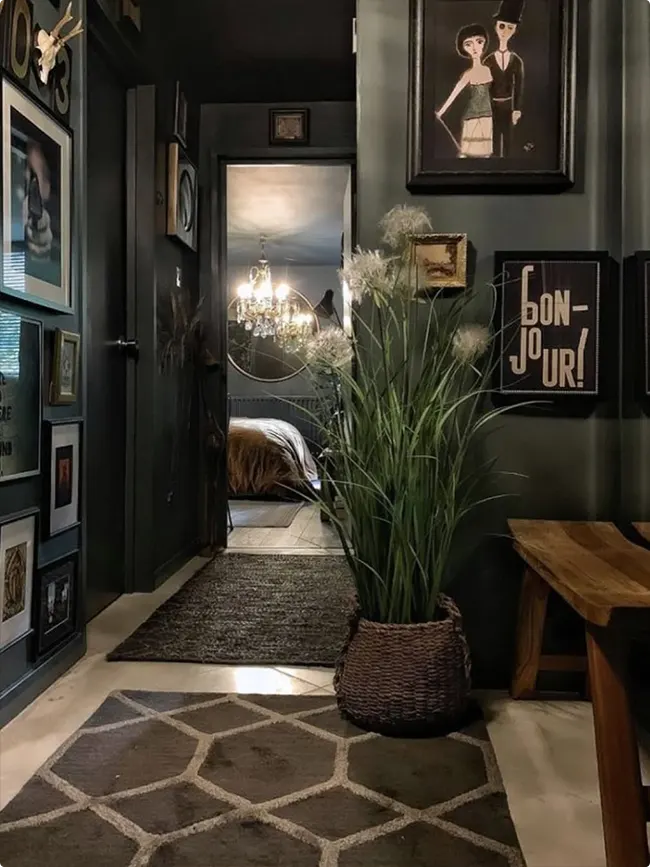 Dark Green Gallery Hallway with Hexagon Tiles