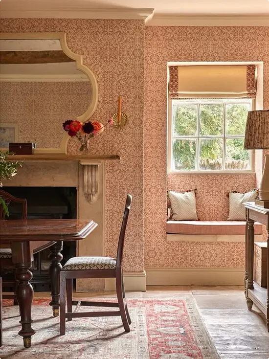Floral Tile Wallpaper for a Terracotta and Cream Corner Nook