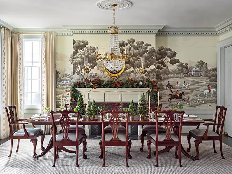 Holiday Dining Room with Large Grisaille Landscape Mural