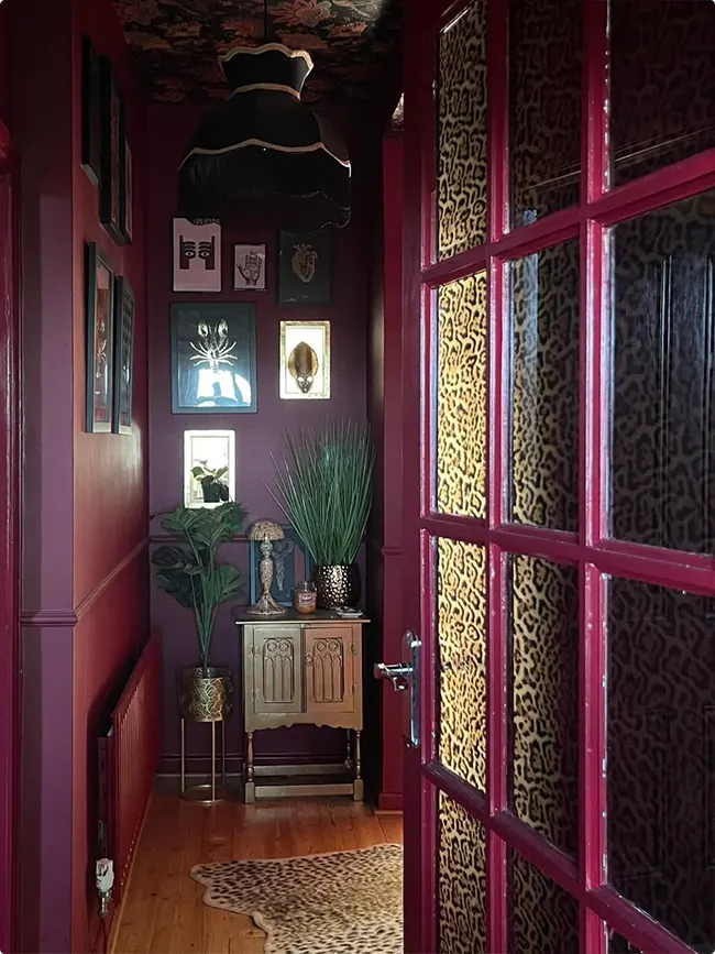 Maximalist Burgundy Leopard Print Hallway