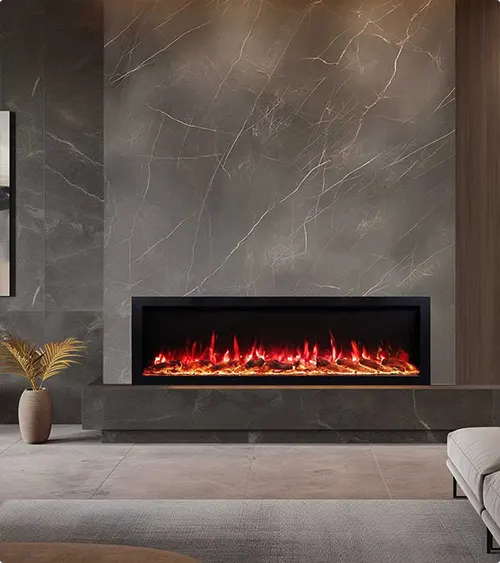 Red Flames in a Gray Marble Fireplace