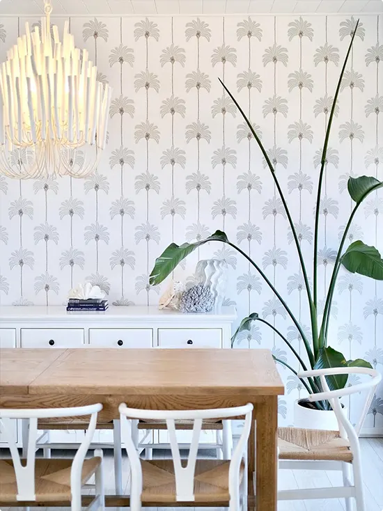 Soft Coastal Palm Wallpaper with White Furniture
